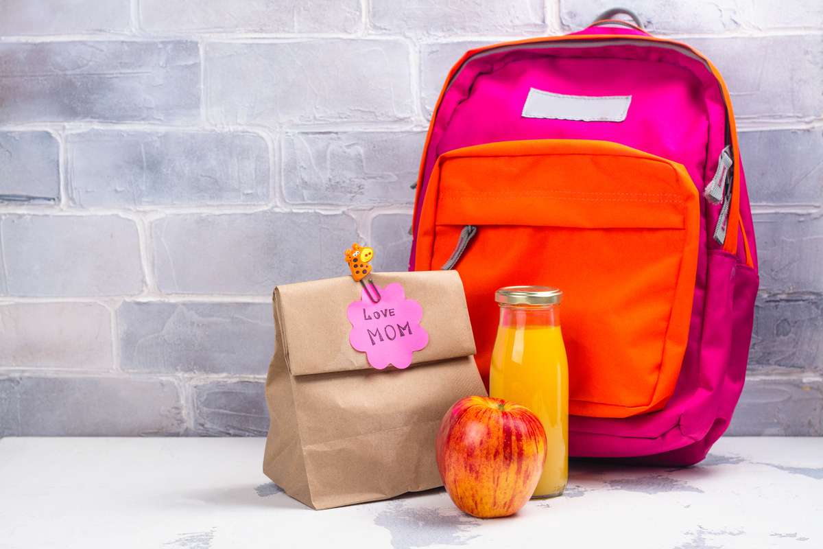 School lunch box and pink backpack